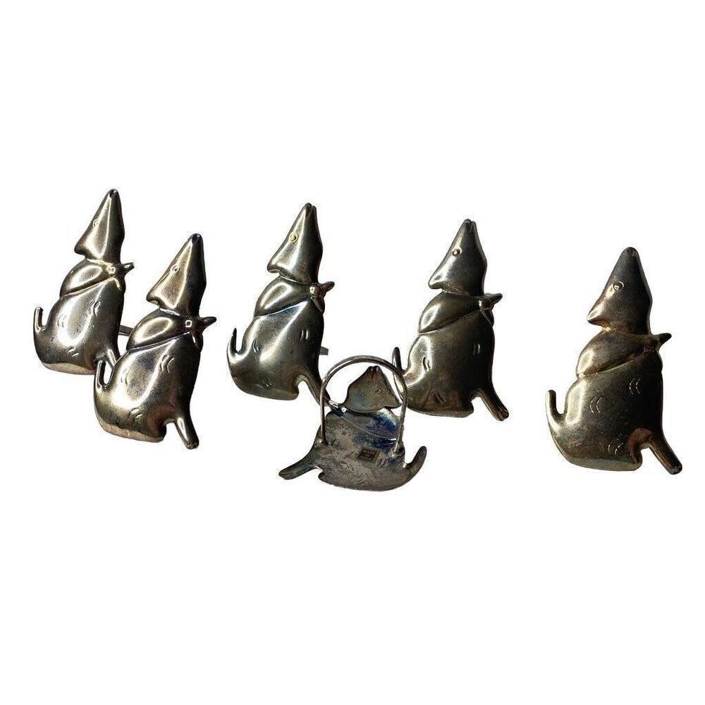 Set of 6 Howling Coyote Silver Plated Metal Napkin Rings Holders Southwestern